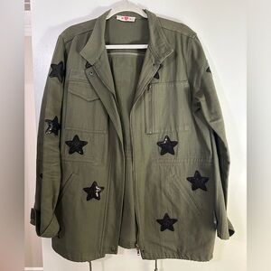Buddy Love olive green jacket with black sequin stars